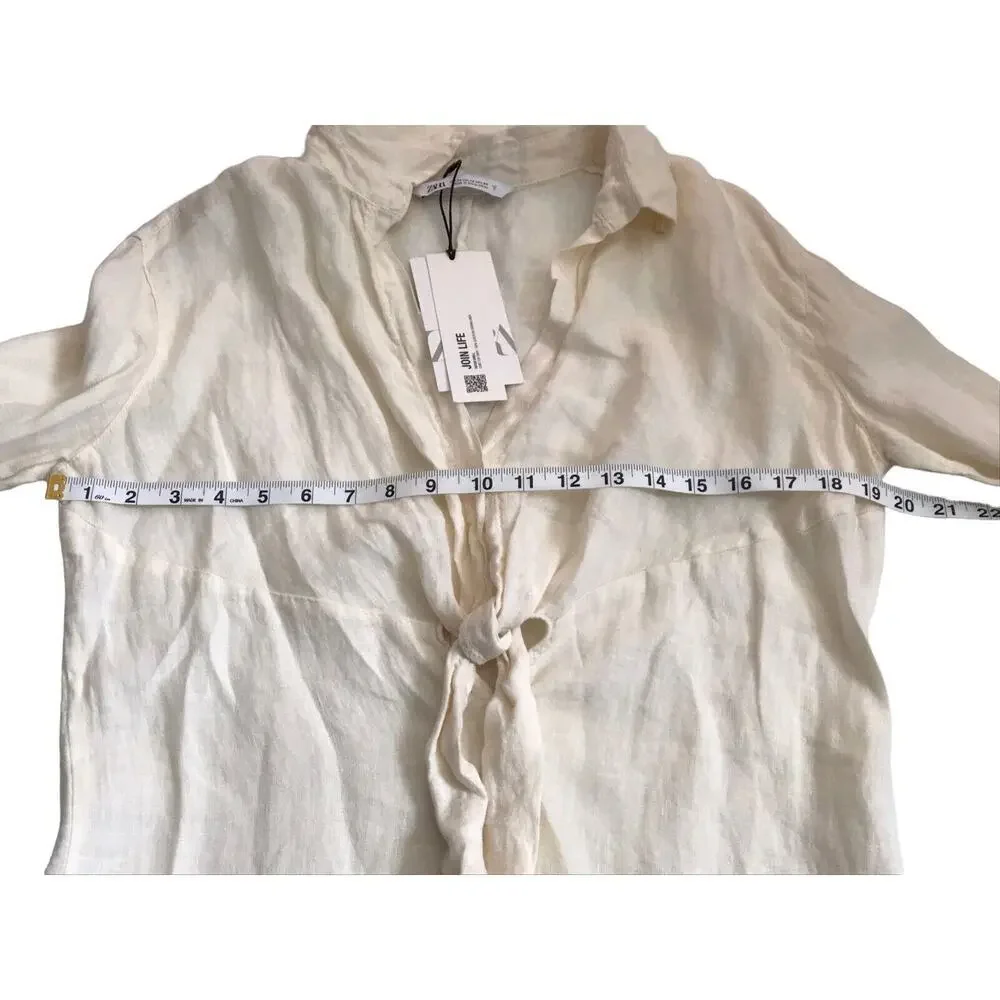 Zara Romper Size XS Tied 100% Linen Oyster White Long Sleeve V-Neck Jumpsuit